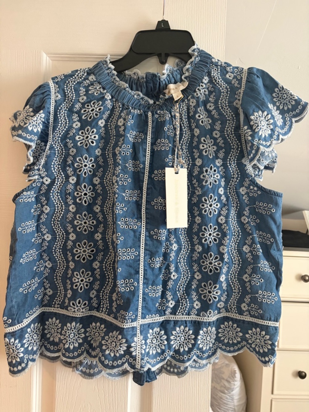 Blue Embroidered Eyelet Flutter Sleeve Top